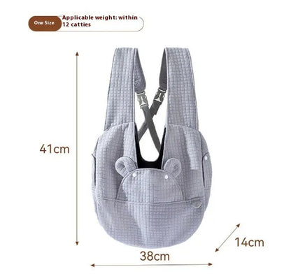Grey square plaid quilted pet diaper backpack worn cross-chest, dimensions 38cm by 14cm by 41cm.