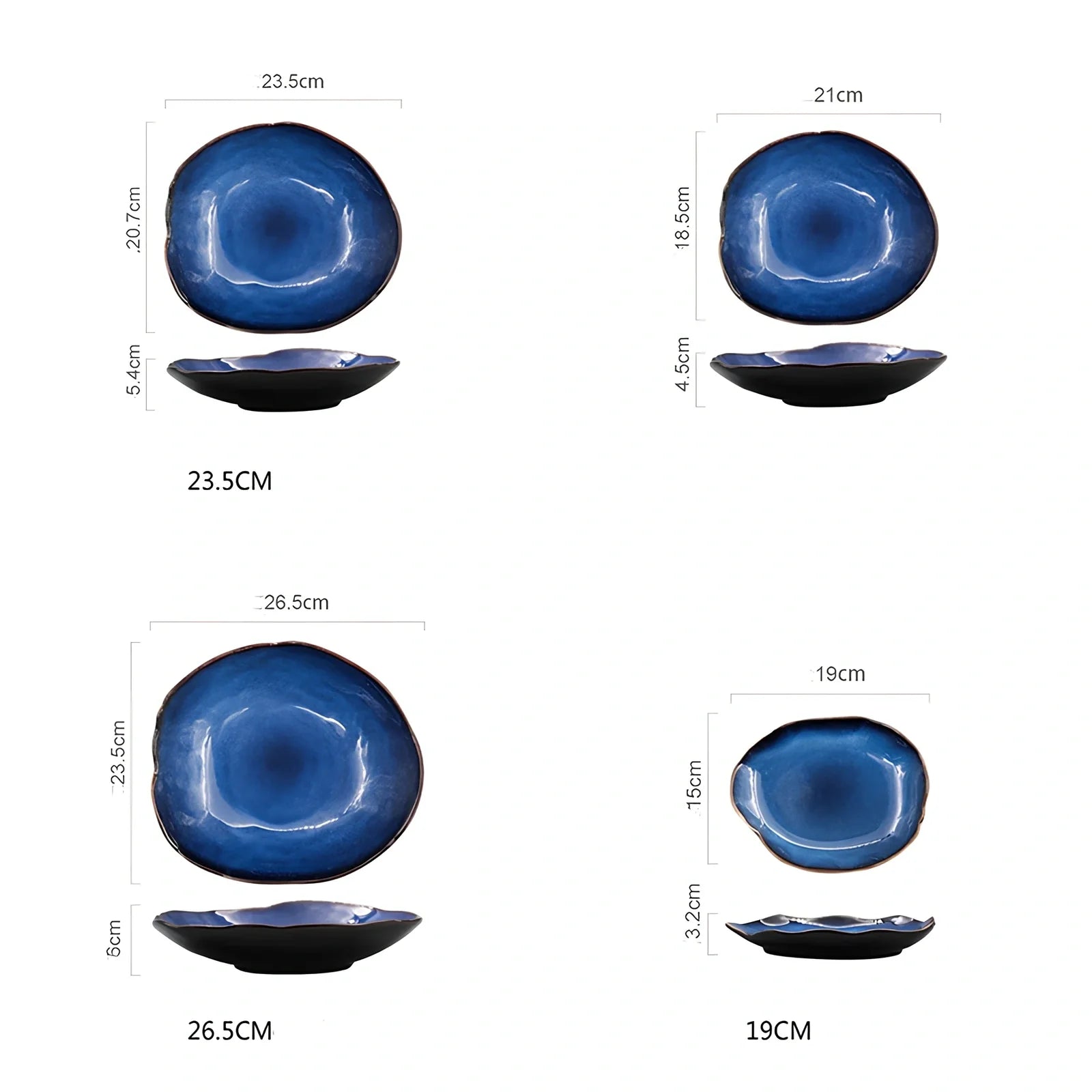 Blue irregular ceramic plate with kiln-changing glaze pattern, measuring approximately 20cm across irregular edges