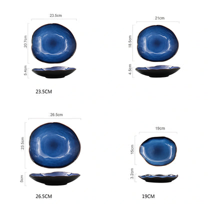 Blue irregular ceramic plate with kiln-changing glaze pattern, measuring approximately 20cm across irregular edges