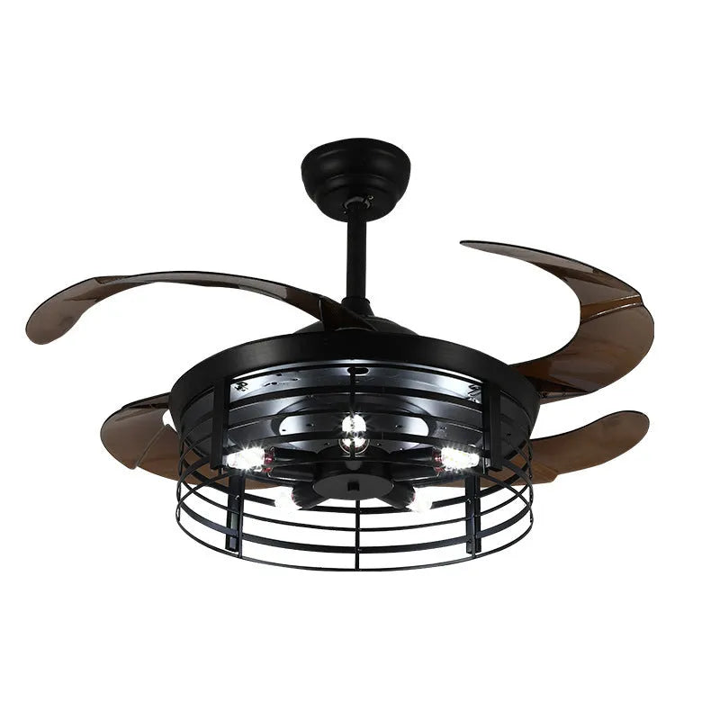 Industrial American retro ceiling fan lamp with 42-inch acrylic blades and remote control on wooden table