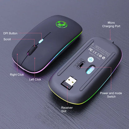 Black or white wireless silent mouse with charging light, dimensions 112x57x25mm, showing adjustable DPI switch.