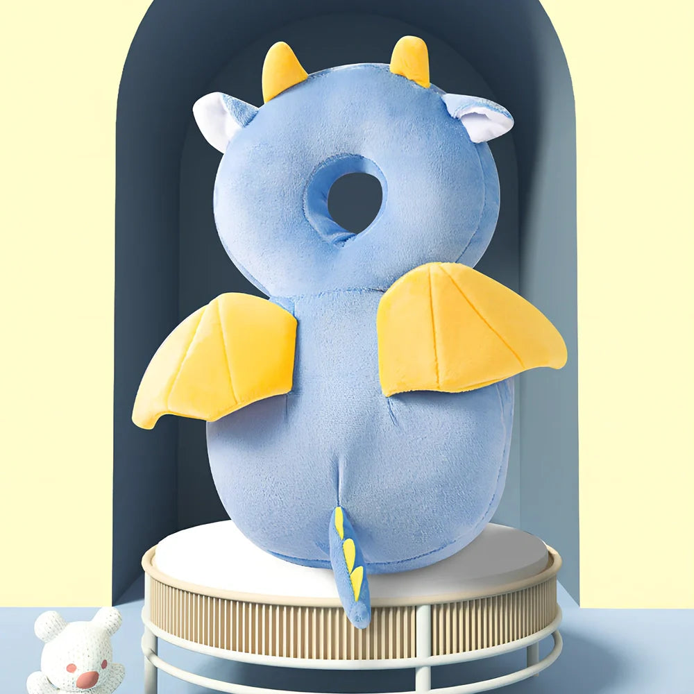 Toddler head protection pad with animal character design showing 33cm by 19cm dimensions