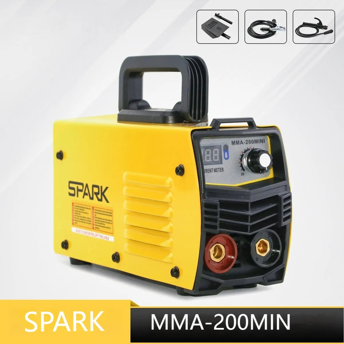 Small portable DC welding machine with red housing, welding tongs, and face shield on a workshop bench