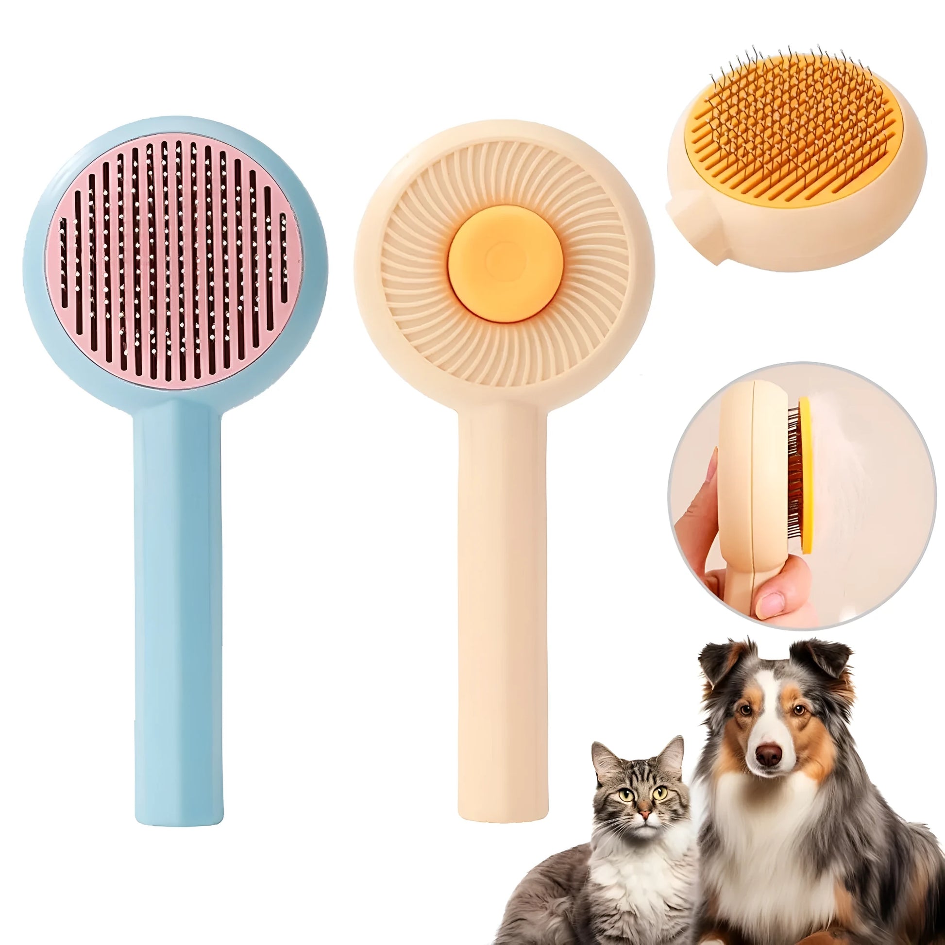 Blue and yellow self-cleaning pet grooming brush with angled metal needles and a push-button on the handle.