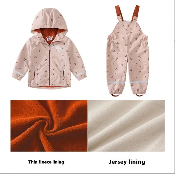 Children's pink floral hooded raincoat and matching rain pants set with reflective night vision detailing