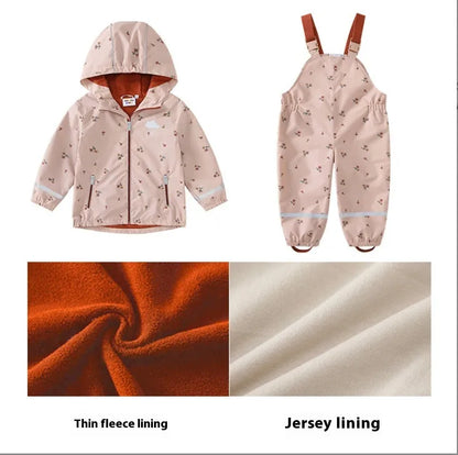 Children's pink floral hooded raincoat and matching rain pants set with reflective night vision detailing