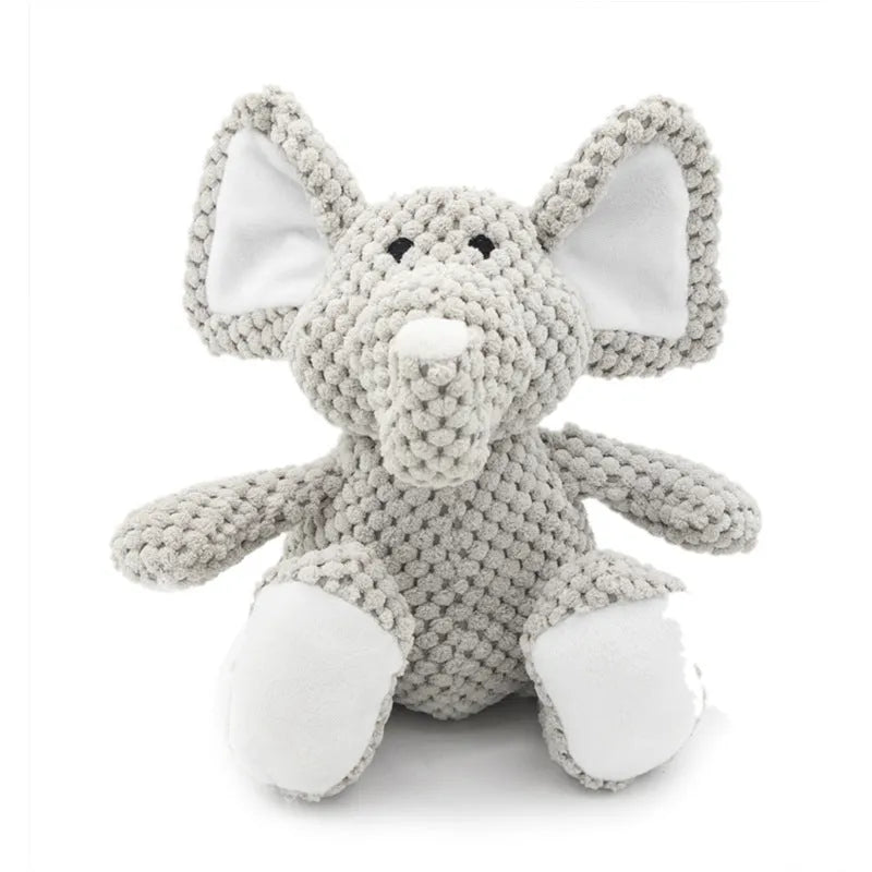 Plush dog squeaky toy in animal shapes for teeth cleaning and interactive play