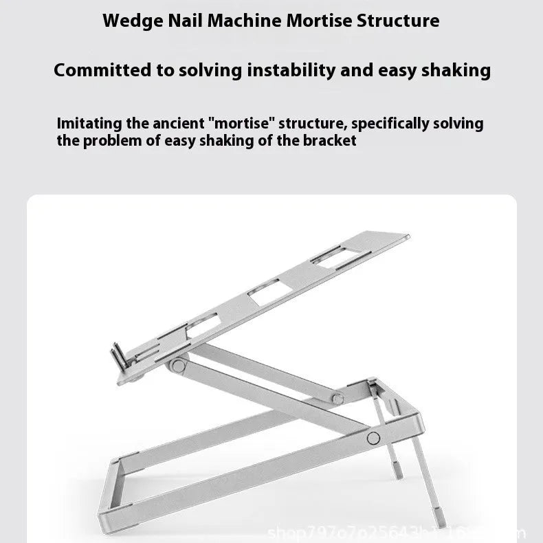Silver aluminium alloy folding laptop cooling rack on a wooden desk