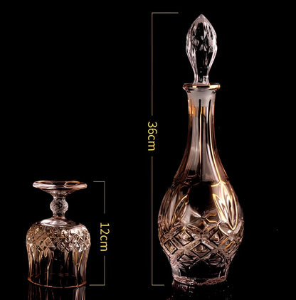 Chinese style yellow crystal glass whiskey and wine set with 7 pieces including glasses and bottles