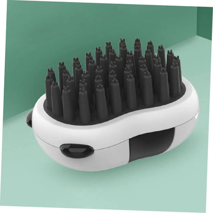 Black and white pet bath brush and grooming comb for cats, dogs, and puppies, plastic hair removal and cleaning tool.