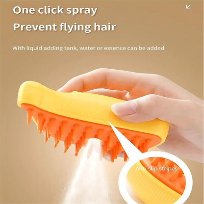 Green Cat Steam Brush with silicone paw-shaped teeth, shown grooming a cat's fur.