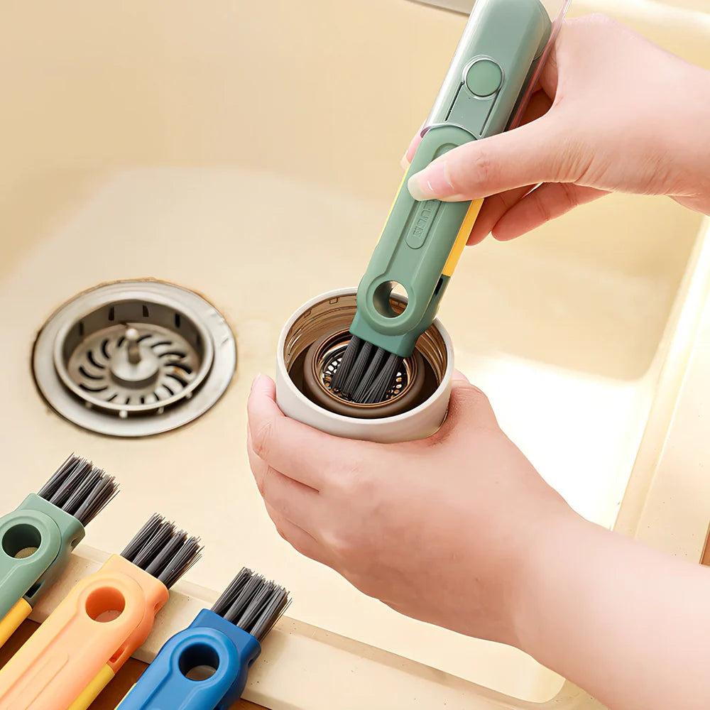 Five detachable brush heads with 32cm handles for deep container cleaning in green, blue, orange