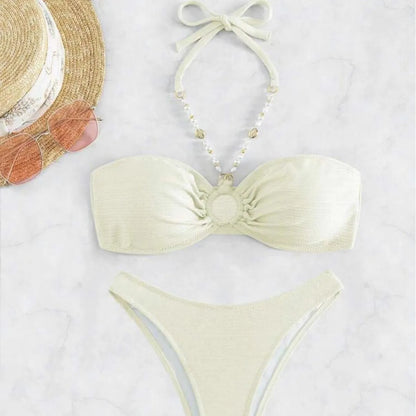 Women's halter neck bikini set in solid colour polyester fabric for swimming