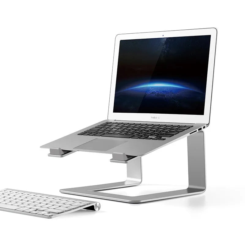 Black aluminium alloy laptop stand raising a laptop for ergonomic desktop use