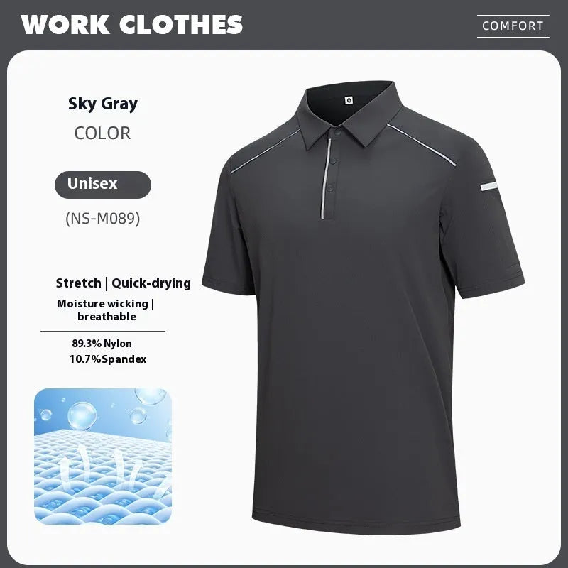 Man wearing a solid colour quick-dry polo shirt with short sleeves and a side slit detail.