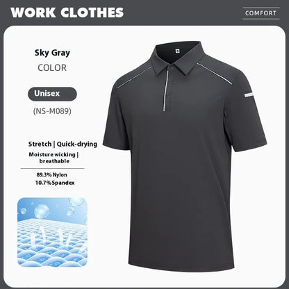 Man wearing a solid colour quick-dry polo shirt with short sleeves and a side slit detail.