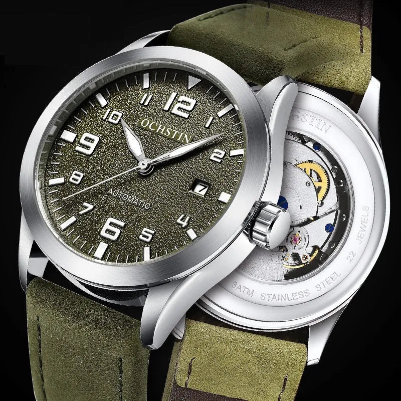 Casual business retro leather automatic mechanical watch with 12mm thickness on wrist, showing colour options