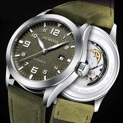 Casual business retro leather automatic mechanical watch with 12mm thickness on wrist, showing colour options