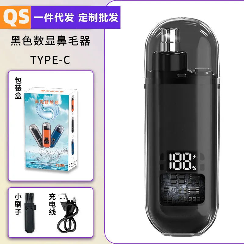 Rechargeable nose hair trimmer with digital display, removable cutter head, and cleaning brush.