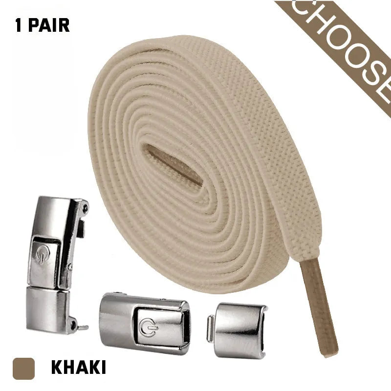 A pair of black widened flat elastic shoelaces with a silver press lock buckle on a white background.
