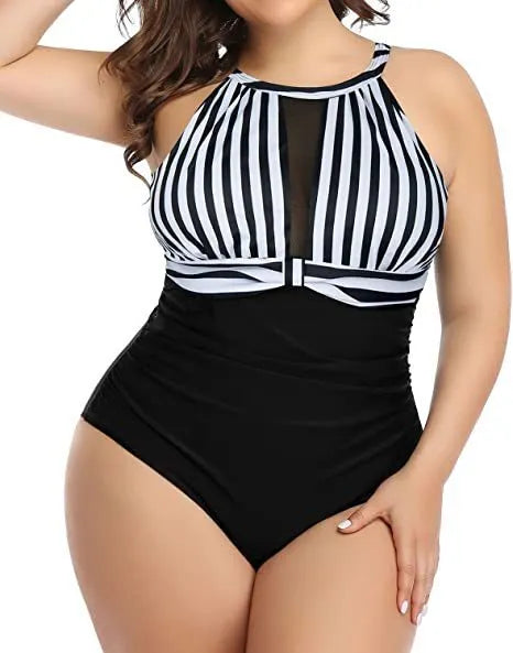 Women's black one-piece swimsuit with lace trim on a mannequin, showing front design.