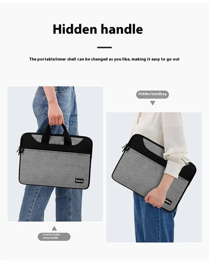 Black full zip opening Oxford cloth laptop bag for business travel with a soft carry handle.