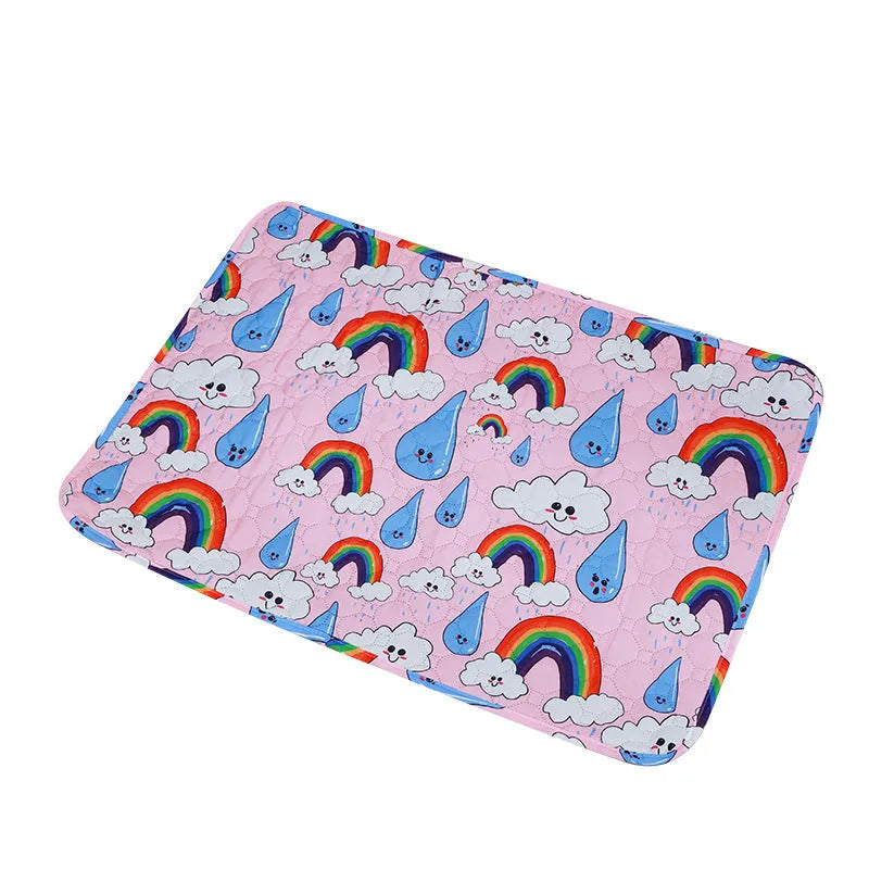 Reusable cloth pet urine pad with animal print and waterproof non-slip backing in various sizes.