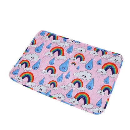 Reusable cloth pet urine pad with animal print and waterproof non-slip backing in various sizes.