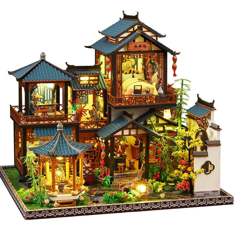 Wooden Chinese courtyard villa architectural model with traditional lantern elements, dimensions 30×27×27cm