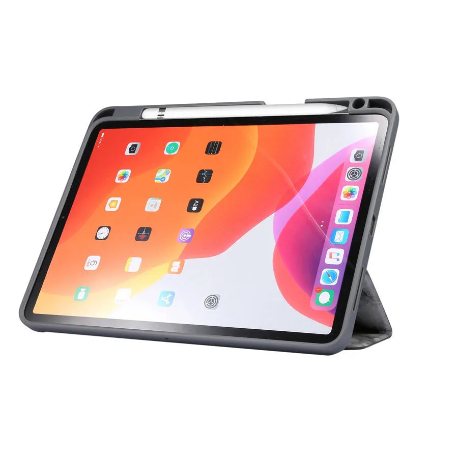 Tri-fold iPad case with marbling design showing pen slot and available in five colours including dark gray and purple