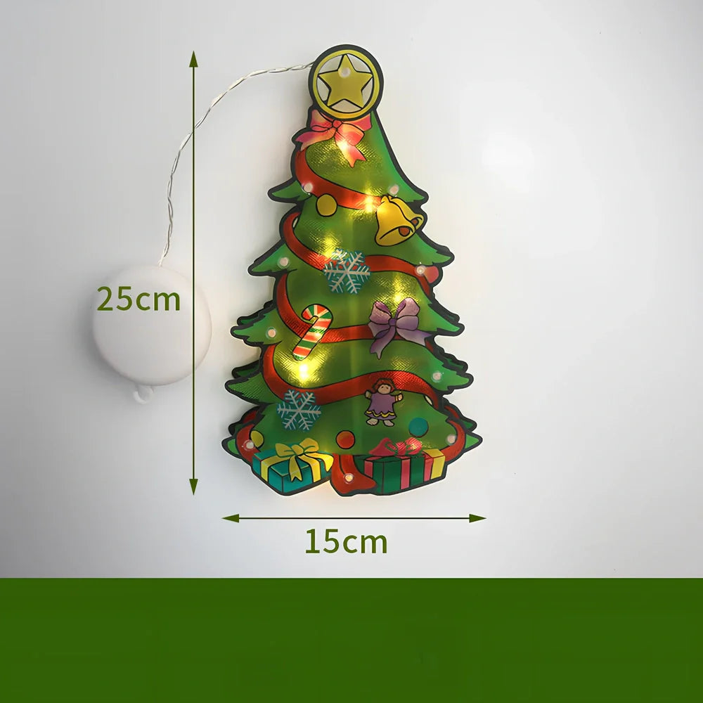 LED Christmas hanging lights with suction cups showing snowman design illuminated on window
