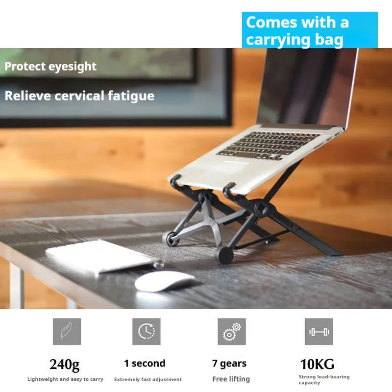 Portable folding laptop stand in sagacious black, enhanced nylon, 40x5.2x4.2cm, with carrying case and manual