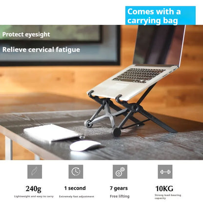 Portable folding laptop stand in sagacious black, enhanced nylon, 40x5.2x4.2cm, with carrying case and manual