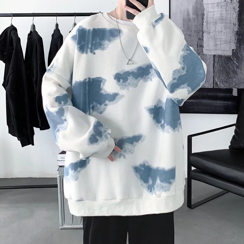 Men's loose pullover top with wool lining, available in black, blue, and white, sizes M-XXL.