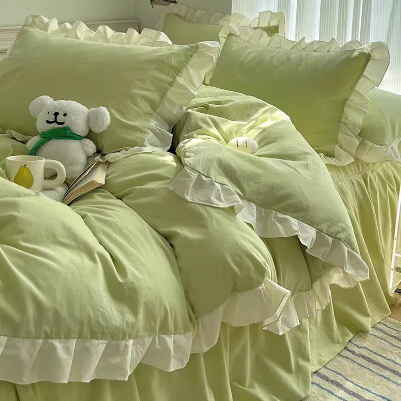Mori style solid colour linen bedding set with quilt cover, fitted sheet, and pillowcases in creamy green