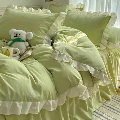 Mori style solid colour linen bedding set with quilt cover, fitted sheet, and pillowcases in creamy green