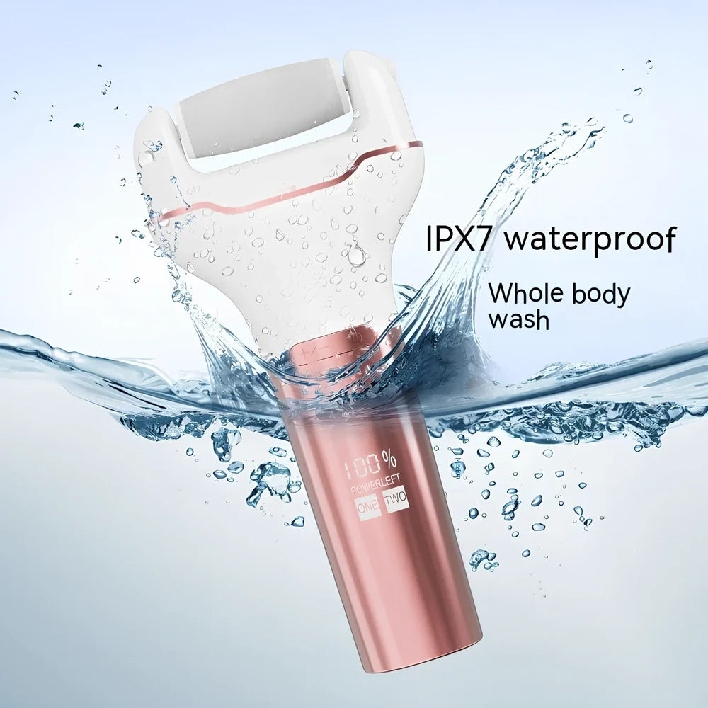 Electric foot grinder with digital display in rose pink colour, showing compact 173×80×30mm waterproof design