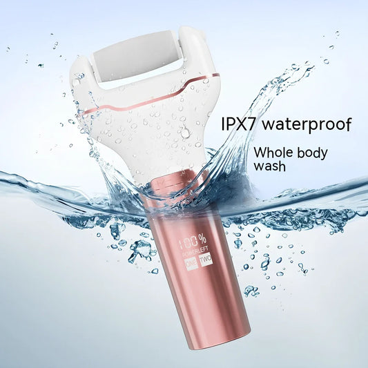 Electric foot grinder with digital display in rose pink colour, showing compact 173×80×30mm waterproof design