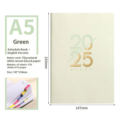 A5 daily planner with faux leather cover in blue, showing open pages and bound spine.