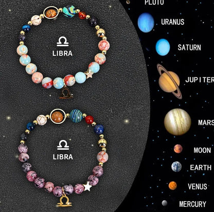 Twelve Zodiac Sign natural stone beaded bracelets with adjustable 20-24cm length showing distinct astrological designs