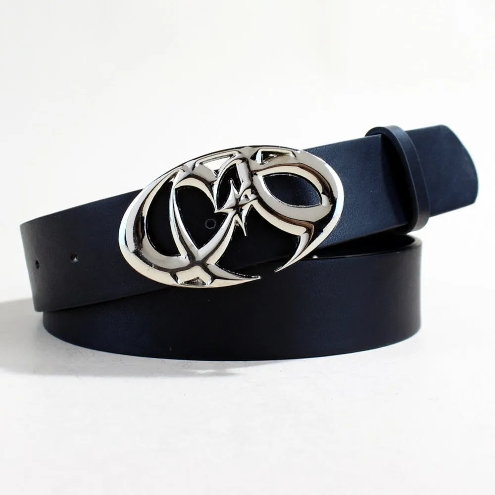 Silver alloy buckle snap-fastening on a 3.3cm wide brown PU leather casual belt