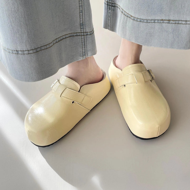 Flat buckle casual sneakers, PU upper round toe slippers, comfortable commuting shoes for students, available in beige, black, silver, and yellow colours, sizes 35 to 39.