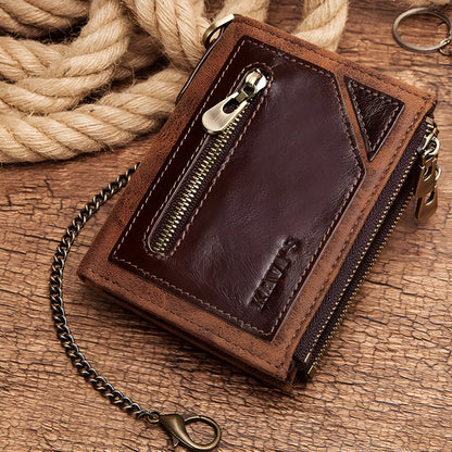 Dark brown men's leather wallet with a metal chain and an embossed letter pattern.