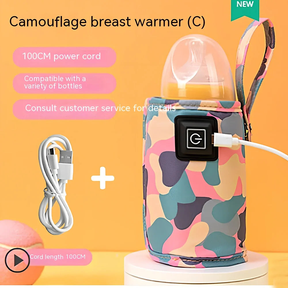 Portable milk bottle warmer with cloth cover and heating element for 55-75mm bottles