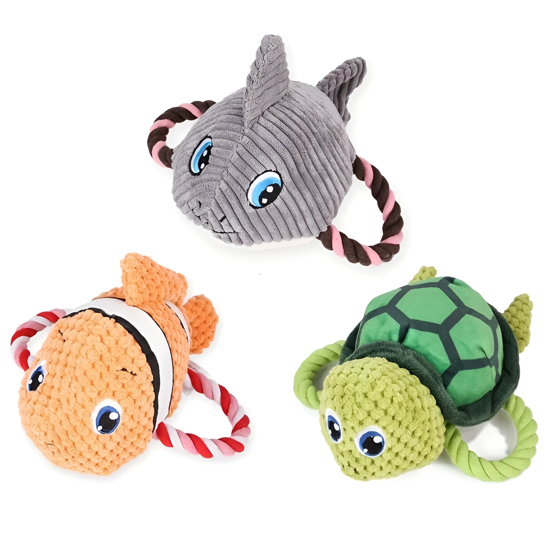 Turtle-shaped plush dog toy with knotted rope core in green colour