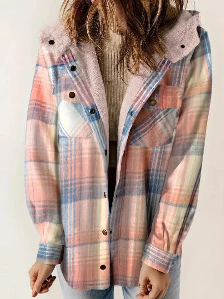 Casual Plaid Hooded Woolen Coat with fleece lining in various colors