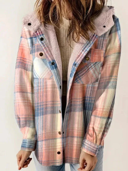 Casual Plaid Hooded Woolen Coat with fleece lining in various colors