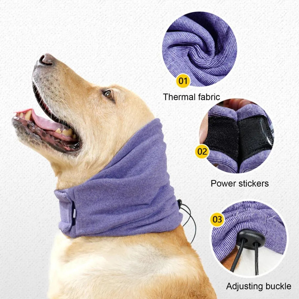 Black dog calming hoodie head wrap covering ears, shown on a dog as a hood and neck scarf.