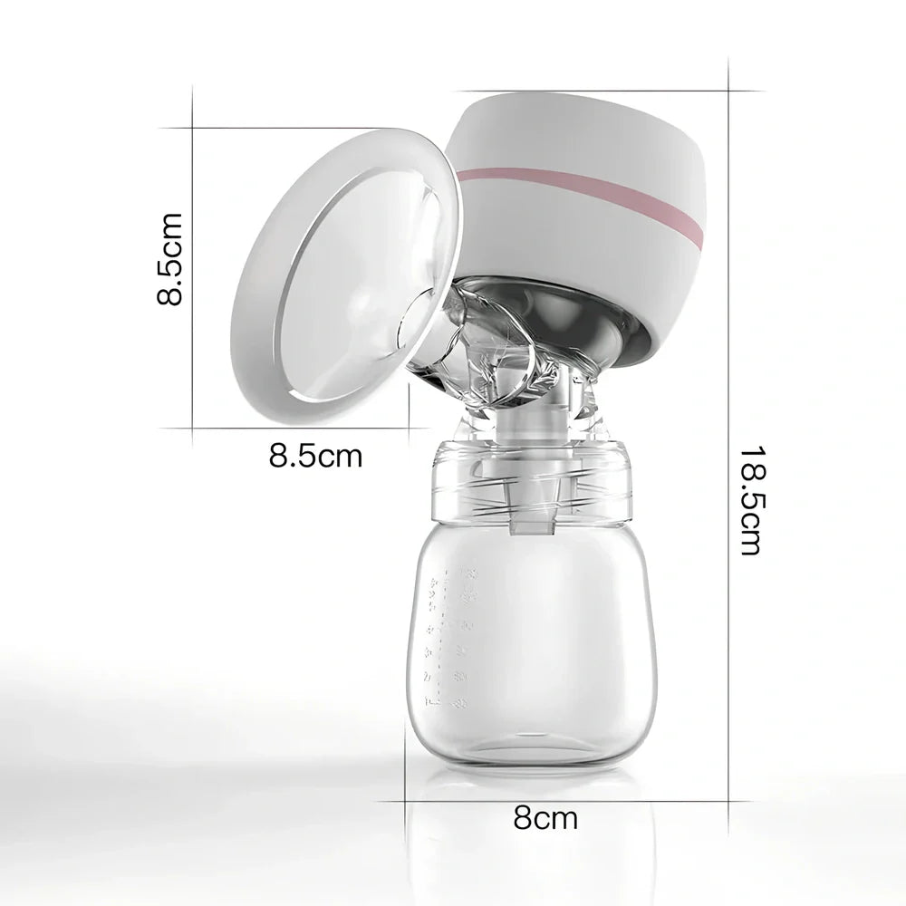 White electric breast pump with silicone shield measuring 8cm wide and 18.5cm tall