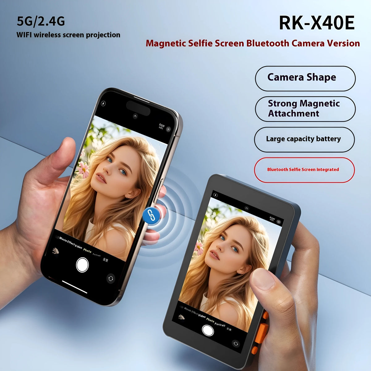 4-inch wireless selfie multi-monitoring device with magnetic mount, plastic body, black and white options.